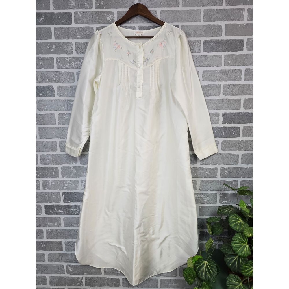 Vintage Barbizon Ivory Satin‎ Nightgown Women's Medium Floral Soft Flannel Lined